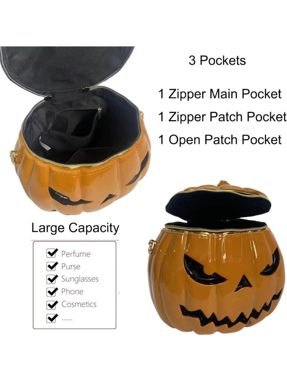Women Yellow Halloween Pumpkin Purse Gothic Vegan Pvc Novelty Crossbody Bag - Picture 5 of 6